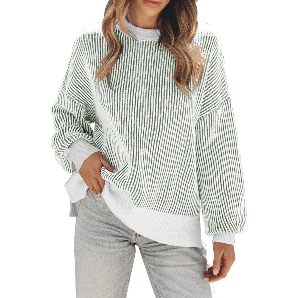 Womens Sweaters Fall Winter Oversized Long Sleeve Colorblock Striped Green XL